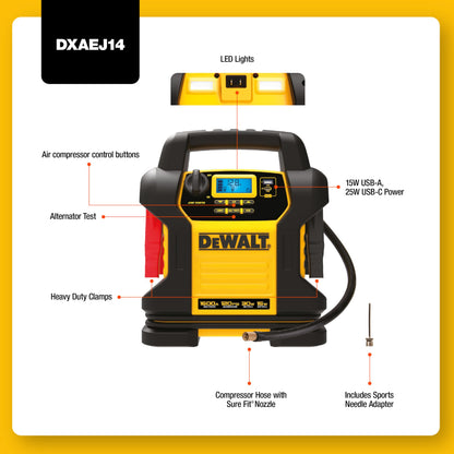 DEWALT DXAEJ14 Digital Portable Power Station Jump Starter - 1600 Peak Amps with 120 PSI Compressor for Tires, Sports Equipment & Bikes, 15W USB-A and 25W USB-C Power