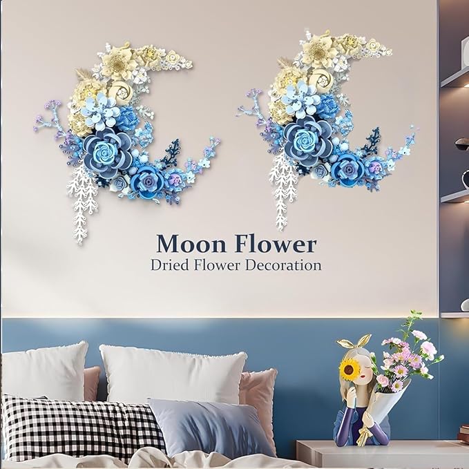 Moon Flowers Building Blocks Set Botanical Collection Blossom for Wall Decor Creative Floral Building Kit Flower Bouquet Botanical Collection for Home Décor Gift for Adults Teens 934 PCS (Blue)
