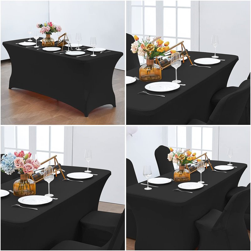CWK 6FT 2Pcs Stretch Spandex Table Cover for Rectangular Tables - Elastic Fitted Tablecloth for Folding Tables, Wrinkle Resistant, Durable Table Protector for Parties,Weddings,Banquets &Events (Black)
