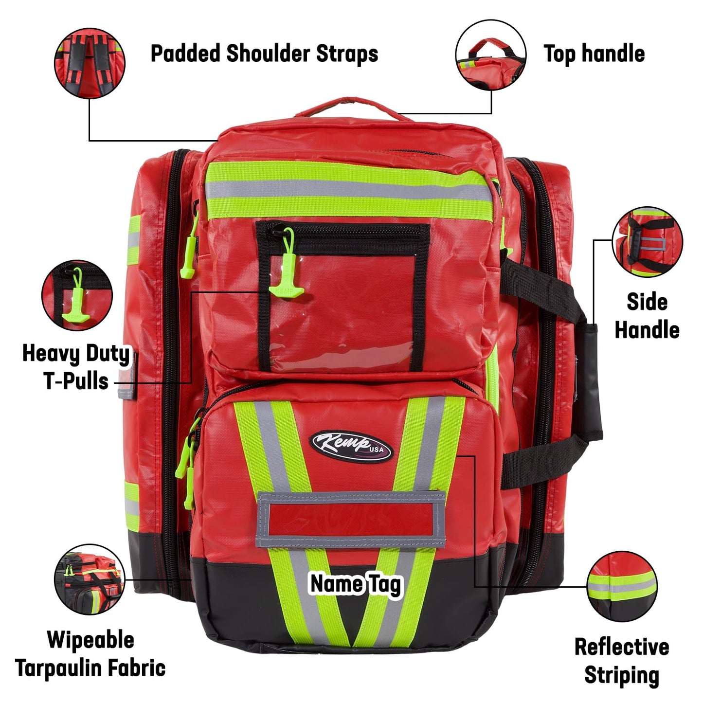 Kemp USA Heavy-Duty EMT Bag, Made with Fluid-Resistant Tarpaulin Material - Emergency Survival Kit with Room for D O2 Tank - Medical Backpack with Multiple Handles (Tarpaulin Fabric Red)