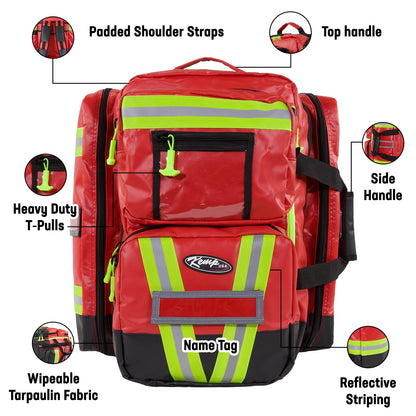 Kemp USA Heavy-Duty EMT Bag, Made with Fluid-Resistant Tarpaulin Material - Emergency Survival Kit with Room for D O2 Tank - Medical Backpack with Multiple Handles (Tarpaulin Fabric Red)