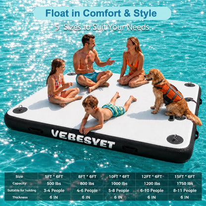 VEBESYET Inflatable Dock Water Platform, 5 x 6ft Multi-Person Inflatable Floating Island Raft for Family Party Beach Lake Boating Ocean