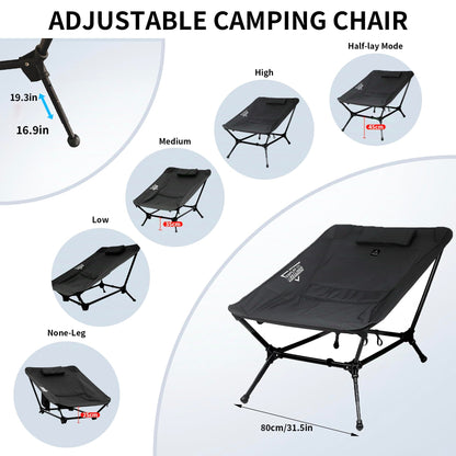 Reclining Chair, Lightweight Folding Camping Chair with Pillow, Backpacking with Carry Bag, 5-Way, Adjustable Height Chairs for Adults Heavy Duty 330lbs for Hiking, Fishing, Mountaineering Black