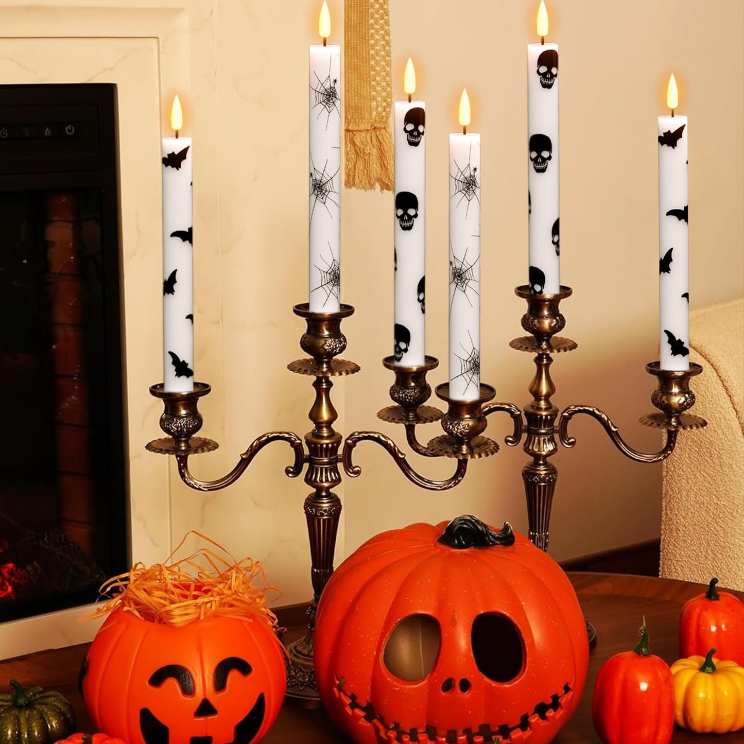 Wondise Halloween Flameless Taper Candles with Remote & Timer, Battery Operated with Spider Web, Bats, Skull, Real Wax 3D Wick LED Candles for Halloween Decorations