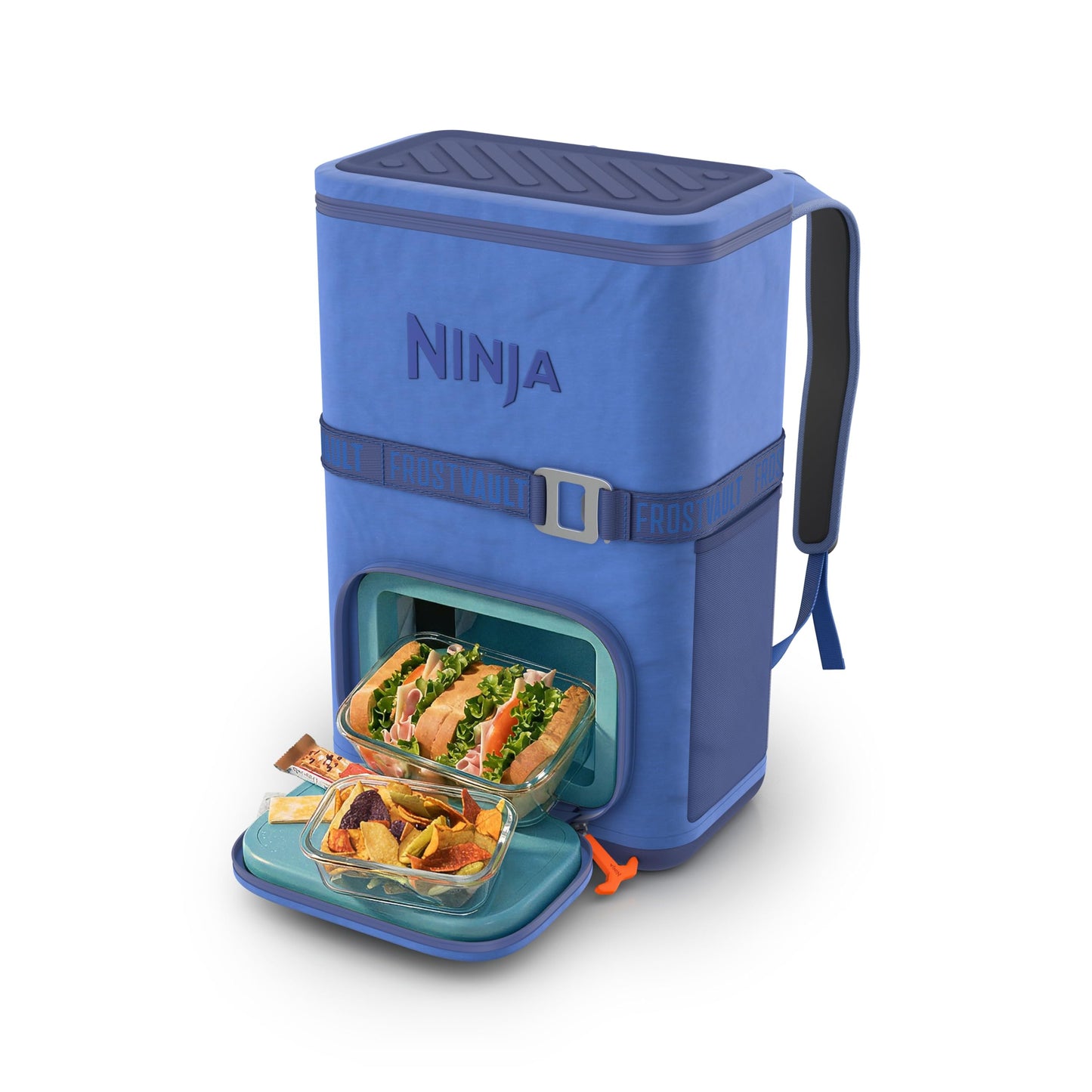 Ninja Backpack Cooler | FrostVault Go 24 Can Soft Cooler | Leakproof Zipper with Built in Can Opener, 2 Ice Packs & Dry Storage Drawer | for Hiking, Camping & More | Luminous Blue | FF124CY