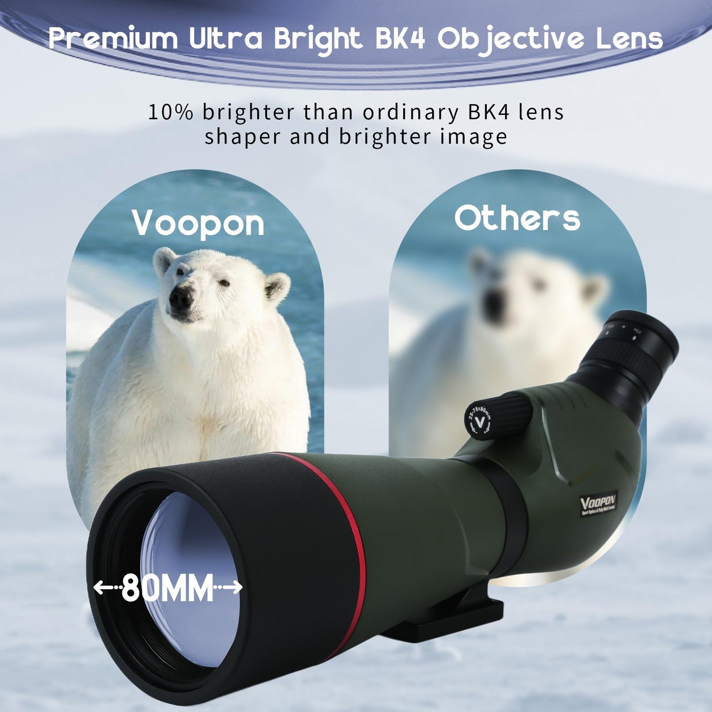Voopon 25-75x80 Compact Spotting Scope Ultra Bright HD Lens Waterproof Frogproof Nitrogen Filled with Phone Adapter Tripod for Target Shooting, Hunting, Bird Watching, Wildlife Viewing