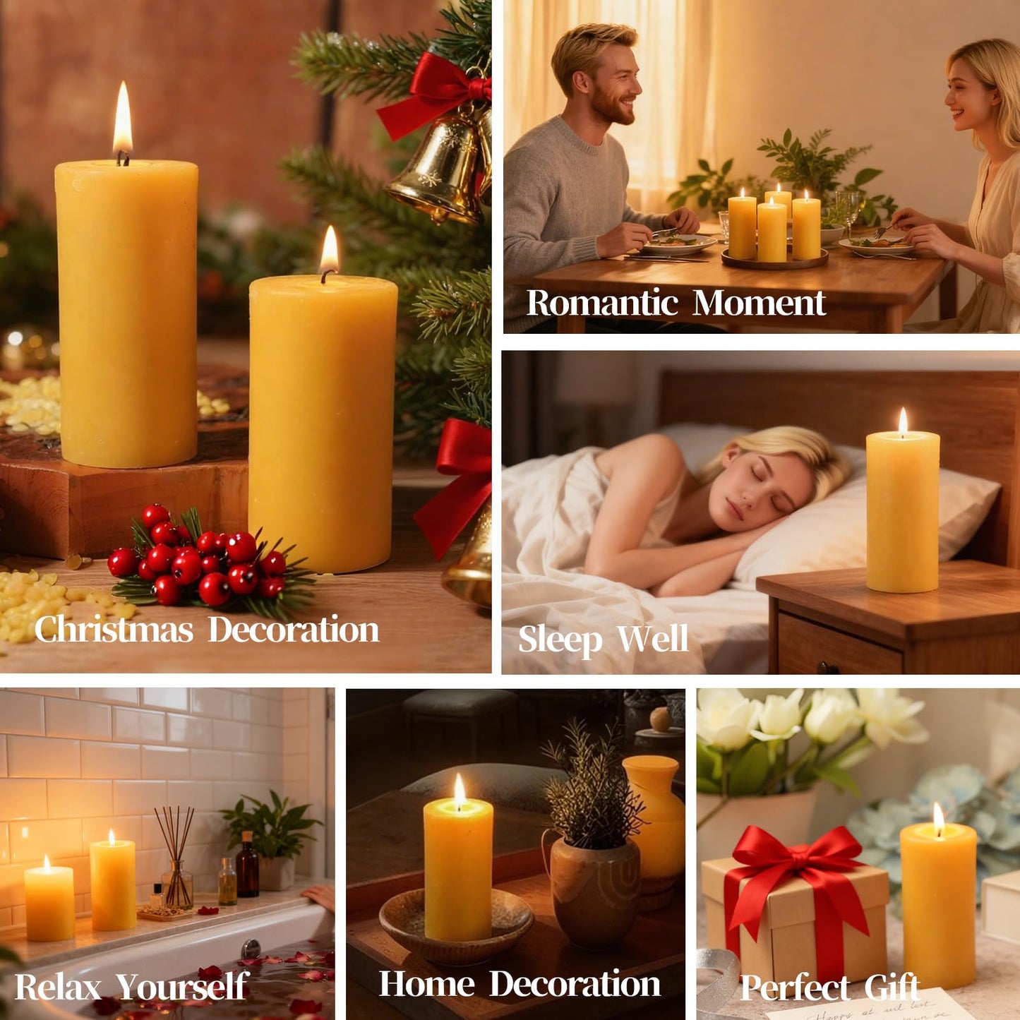 Beeswax Pillar Candles Set of 2, 70 Hours Long Burning, 100% Natural Beeswax Candles for Emergency, Pure Bees Wax for Home, Smokeless & Dripless
