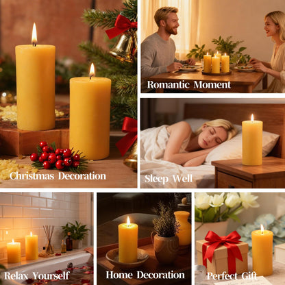 Beeswax Pillar Candles Set of 2, 70 Hours Long Burning, 100% Natural Beeswax Candles for Emergency, Pure Bees Wax for Home, Smokeless & Dripless
