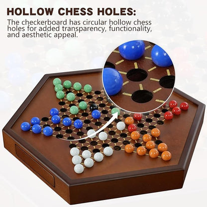 15 Large Upgraded Wooden Chinese Checkers Game Board – Premium 16mm Glass Marbles (60 + 12 Extras) Easy Grip Storage Drawer Ideal Multi-Player Puzzle Game for 2-6 Players