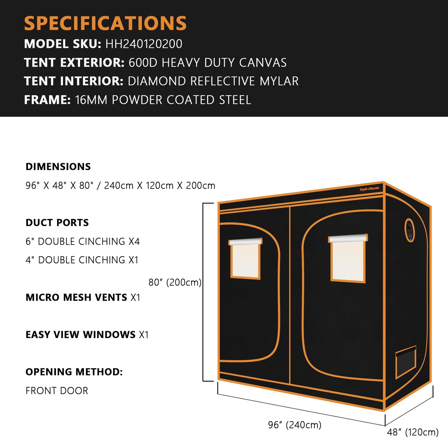 HydroHaven 8x4 Grow Tent Kit (96"x48"x80") - Heavy-Duty 600D Diamond Mylar Lining, 98% Reflective, Viewing Window & Waterproof Floor Tray for Hydroponics Indoor Growing