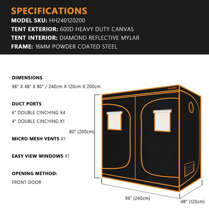 HydroHaven 8x4 Grow Tent Kit (96"x48"x80") - Heavy-Duty 600D Diamond Mylar Lining, 98% Reflective, Viewing Window & Waterproof Floor Tray for Hydroponics Indoor Growing