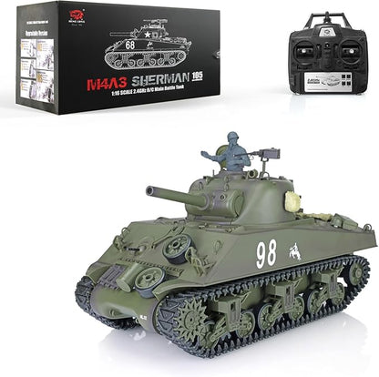 Heng Long US in Stock RC Tank 2.4G 1/16 Scale 7.0 Plastic Version M4A3 Sherman Smoking Unit Battle Tank Military Transport Vehicles 340° Rotating Turret IR Combat Model 3898 BB Airsoft
