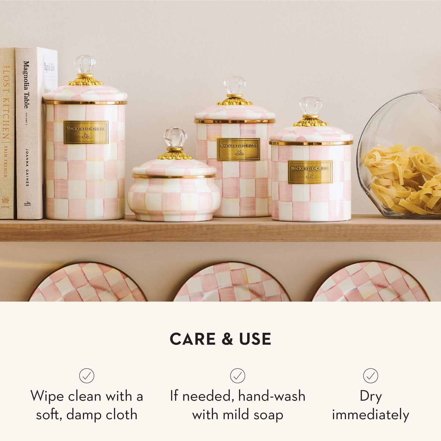 MACKENZIE-CHILDS Enamel Canisters, Small (38 oz.), Medium (48 oz.), and Large (64 oz.) Kitchen Storage Containers, Set of 3, Pink-and-White Rosy Check