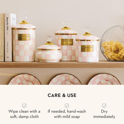 MACKENZIE-CHILDS Enamel Canisters, Small (38 oz.), Medium (48 oz.), and Large (64 oz.) Kitchen Storage Containers, Set of 3, Pink-and-White Rosy Check