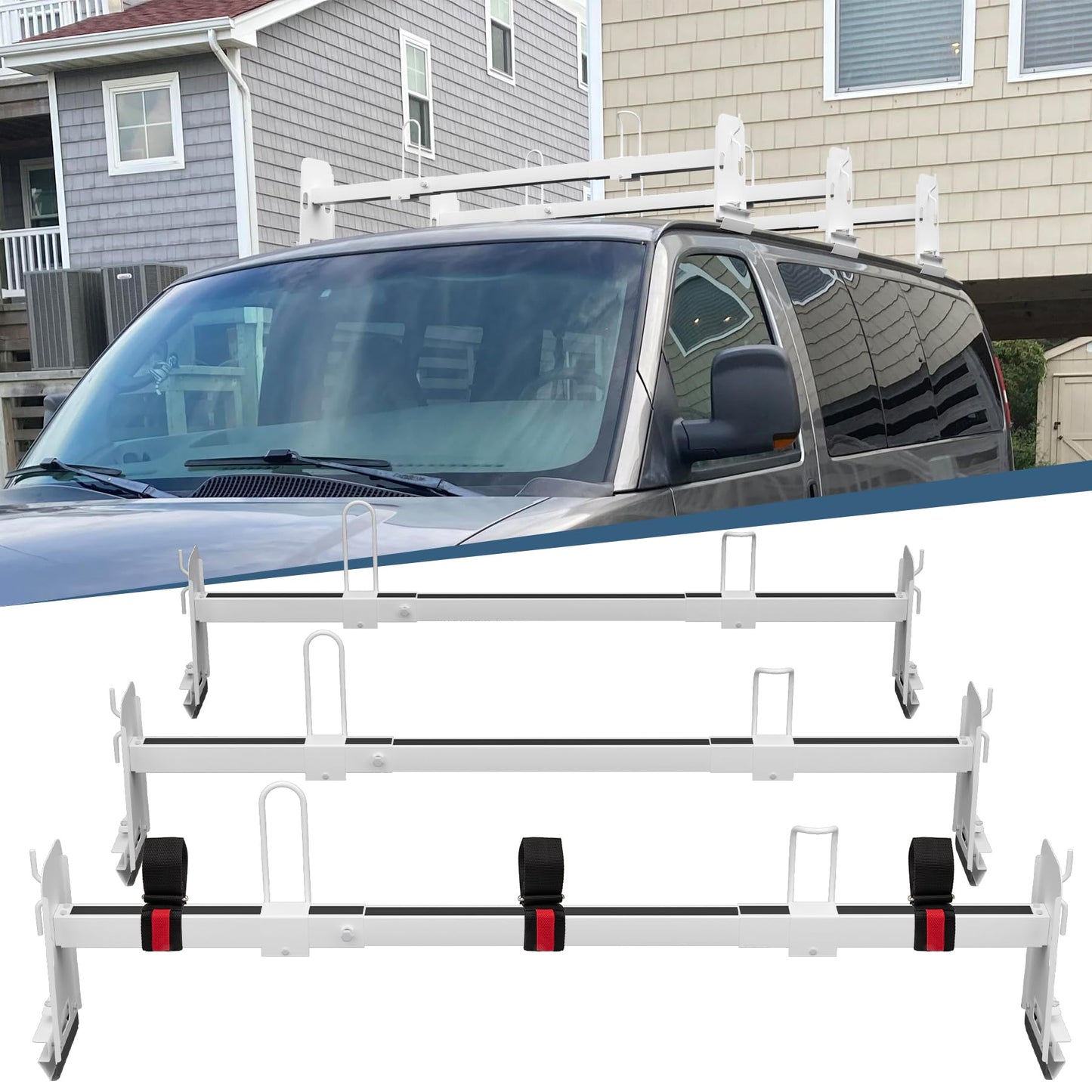Neorexon Universal Van Roof Rack 3 Bar Set, Adjustable Length 41.5''- 70'', Van Roof Ladder Rack Fit for Chevy Express 1500 2500 3500 Ford Econoline GMC Savana Cargo Vans with Rain Gutter, White