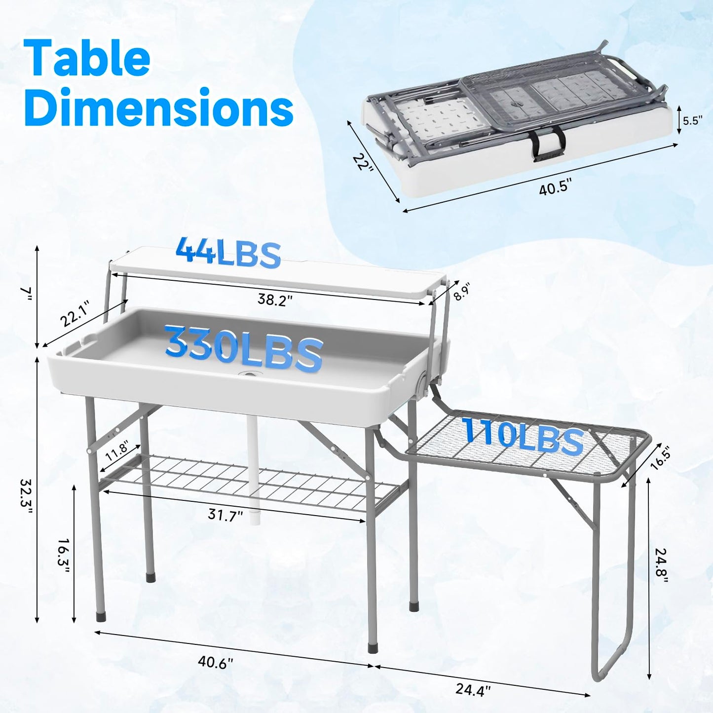 SHAREWIN Ice Cooler Folding Table with Metal Side Desktop, Double-Layer Party Chilling Table with Drain and Detachable White Skirt to Keep Drinks Cool, Ice Bar for Weddings, Outdoor, Picnics，Pool