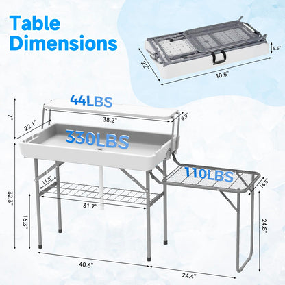 SHAREWIN Ice Cooler Folding Table with Metal Side Desktop, Double-Layer Party Chilling Table with Drain and Detachable White Skirt to Keep Drinks Cool, Ice Bar for Weddings, Outdoor, Picnics，Pool