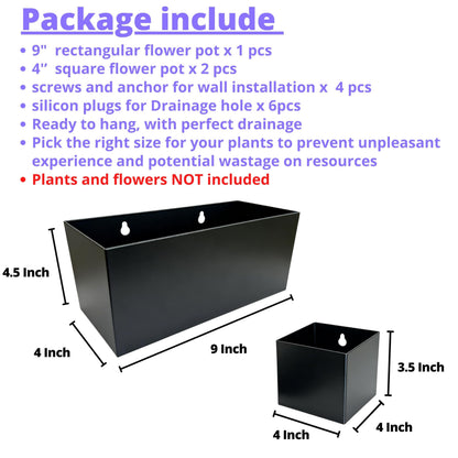 LaLaGreen Wall Planters (3 Set) Rectangular Wall Mounted Hanging Flower Boxes for Indoor Plants, Black Carbon Steel Metal Windox Box Planter Plant Pot Modern Balcony Windowsill Herb Home Garden Decor
