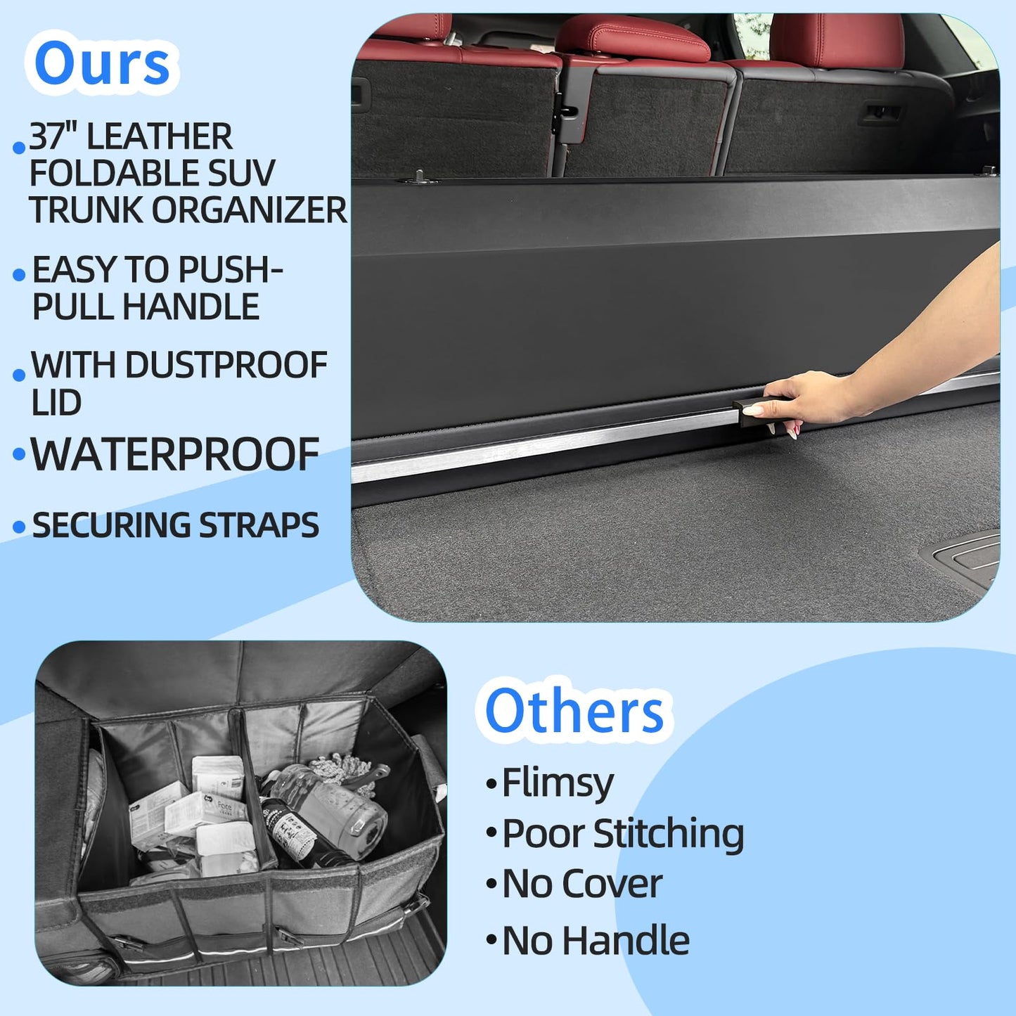CarCrate Car Trunk Organizer, Waterproof SUV Organizer Trunk Storage with Lid & Handle, Extra Large Leather Callapsible Cargo Organizers, Durable Car Storage Box for Ford Jeep (40.5''*11.4''*12.2'')
