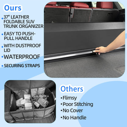 CarCrate Car Trunk Organizer, Waterproof SUV Organizer Trunk Storage with Lid & Handle, Extra Large Leather Callapsible Cargo Organizers, Durable Car Storage Box for Ford Jeep (40.5''*11.4''*12.2'')