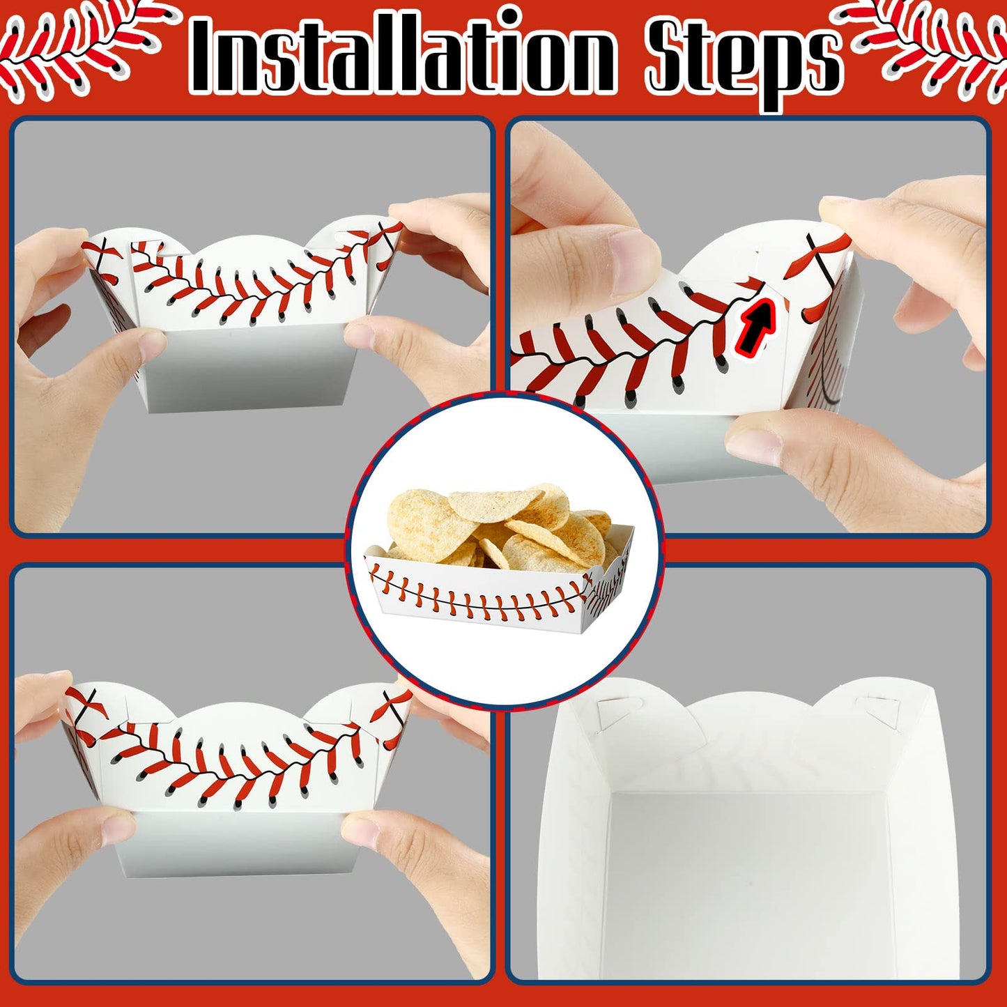 Cunhill 60 Pack Baseball Party Supplies Set Baseball Birthday Decorations Disposable Paper Food Serving Tray Boats Tray for Concession Food, Condiment, Carnivals