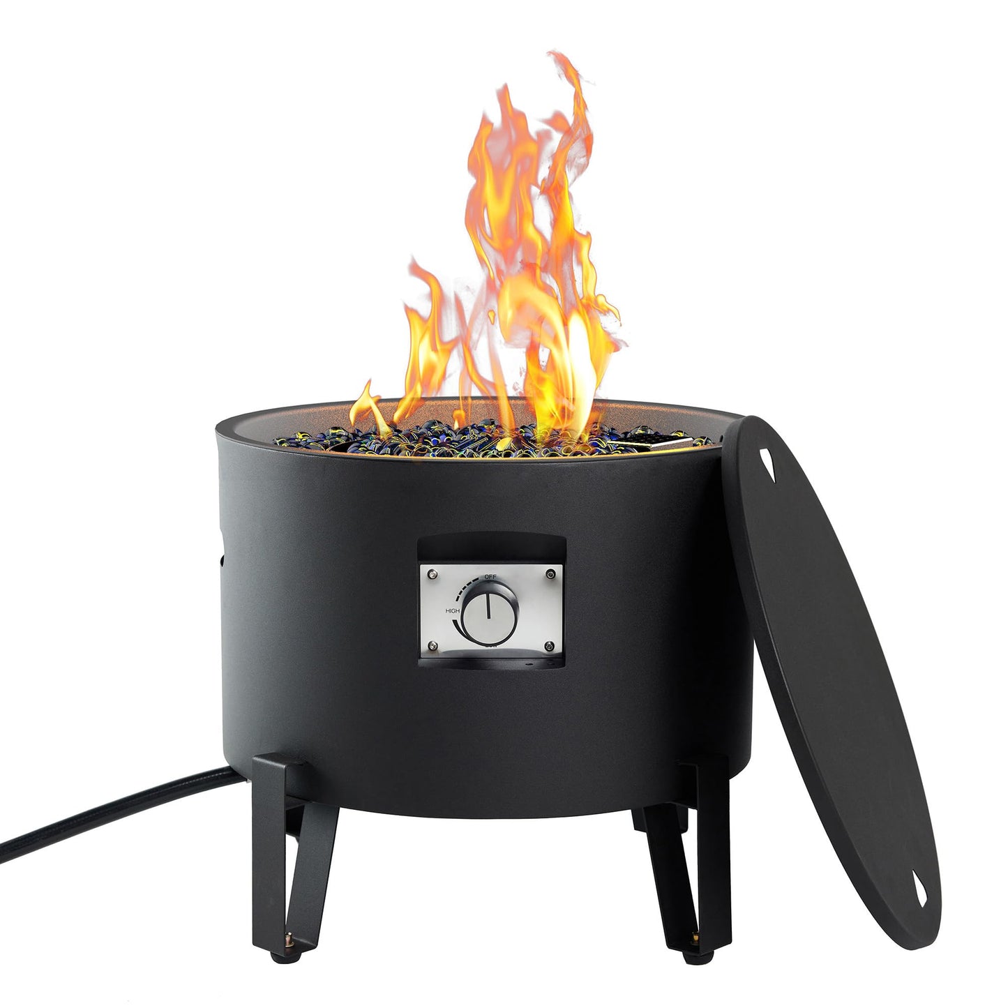 BAIDE HOME Portable Propane Fire Pit for Camping RV 50,000 BTU Round 15'' H x 16'' W Portable Gas Firepit W/Lid, Glass Rocks & Weather Resistant for Outdoors, Propane Extension Hose, Black