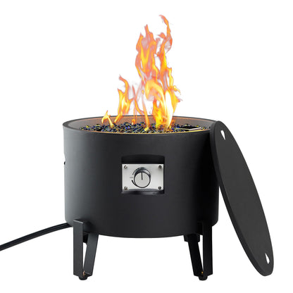 BAIDE HOME Portable Propane Fire Pit for Camping RV 50,000 BTU Round 15'' H x 16'' W Portable Gas Firepit W/Lid, Glass Rocks & Weather Resistant for Outdoors, Propane Extension Hose, Black
