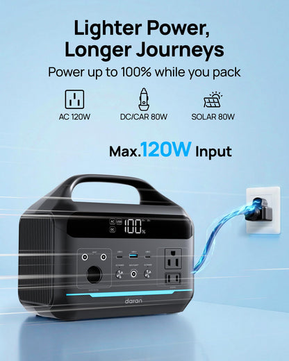DARAN Portable Power Station 600W(1200W Surge) - 288Wh Solar Generator LiFePO4 Battery with AC DC Outlets, 8.3LB Portable Charging Station for Camping, RV, Home, Emergency (Solar Optional)