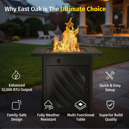 East Oak 28” Outdoor Propane Fire Pit Table | 52,000 BTU Gas Fire Pit for 2-4 People with Space-Saving Hock Lid, Mesh Pocket & Lava Rocks | CSA Certified Safe for Patio, Deck, Backyard, Black