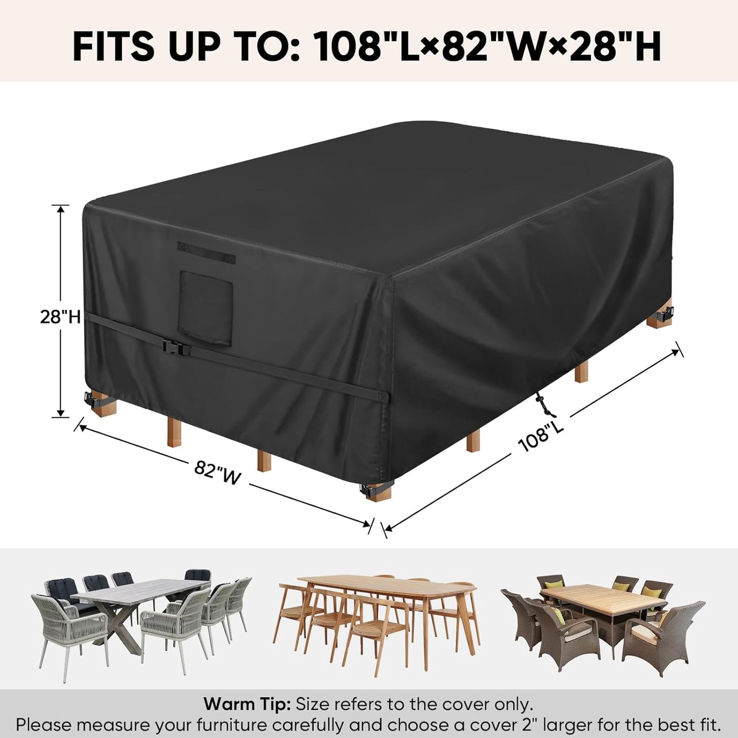 BALEINE Outdoor Furniture Covers - Heavy Duty Waterproof Oxford Table Cover | Black, 108"L x 82"W x 28"H