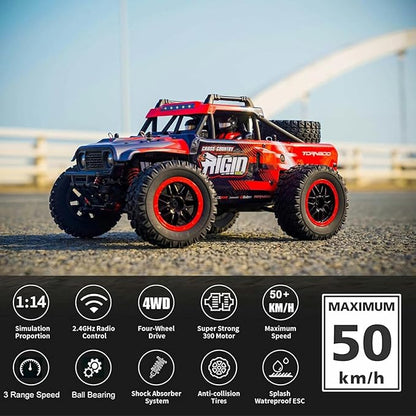 1/14 RC Car Off Road RC Truck 4x4 Remote Control Car Hobby Buggy All Terrain High Speed 30+MPH 4WD with 390 Brushed Motor Proportional Throttle Steering Metal Chassis Ball Bearing Adult