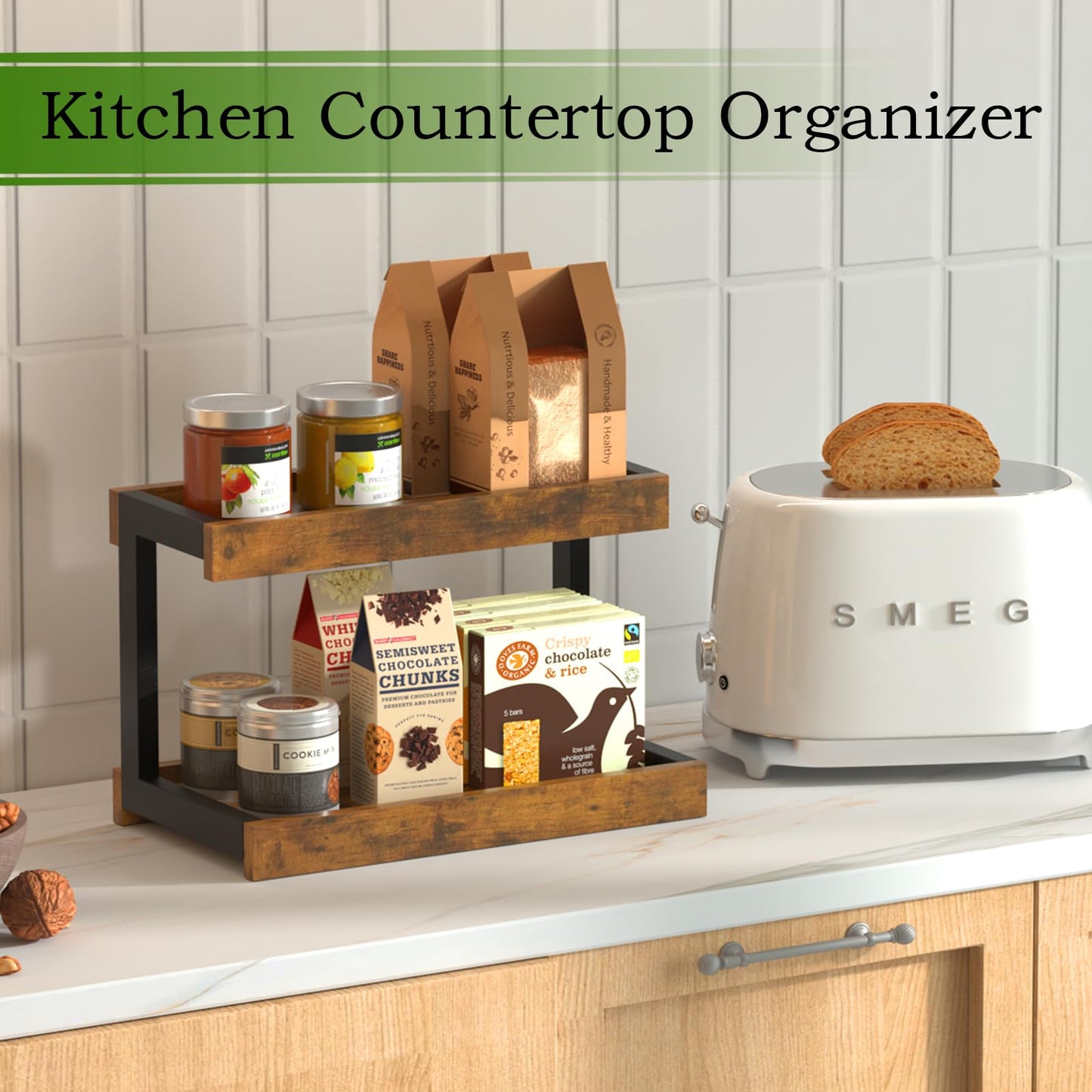 MARTY 2 Tier Spice Rack Organizer for Countertop, 15.8''L Coffee Station/Bathroom Organizer Countertop, Counter Shelf Desktop Storage Organizer for Kitchen, Bedroom, Office (Black)
