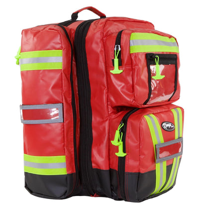 Kemp USA Heavy-Duty EMT Bag, Made with Fluid-Resistant Tarpaulin Material - Emergency Survival Kit with Room for D O2 Tank - Medical Backpack with Multiple Handles (Tarpaulin Fabric Red)