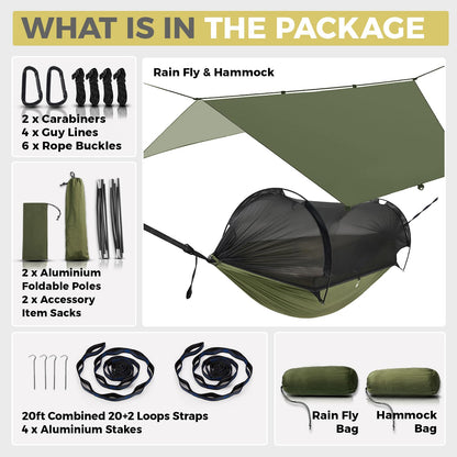 ADVOKAIR Camping Hammock with Mosquito Net and Rain Fly, Up to 500lbs, Ultralight and Portable Nylon Travel Hanging Hammock with Tree Straps, Perfect for Outside, Backpacking, Hiking and Backyard