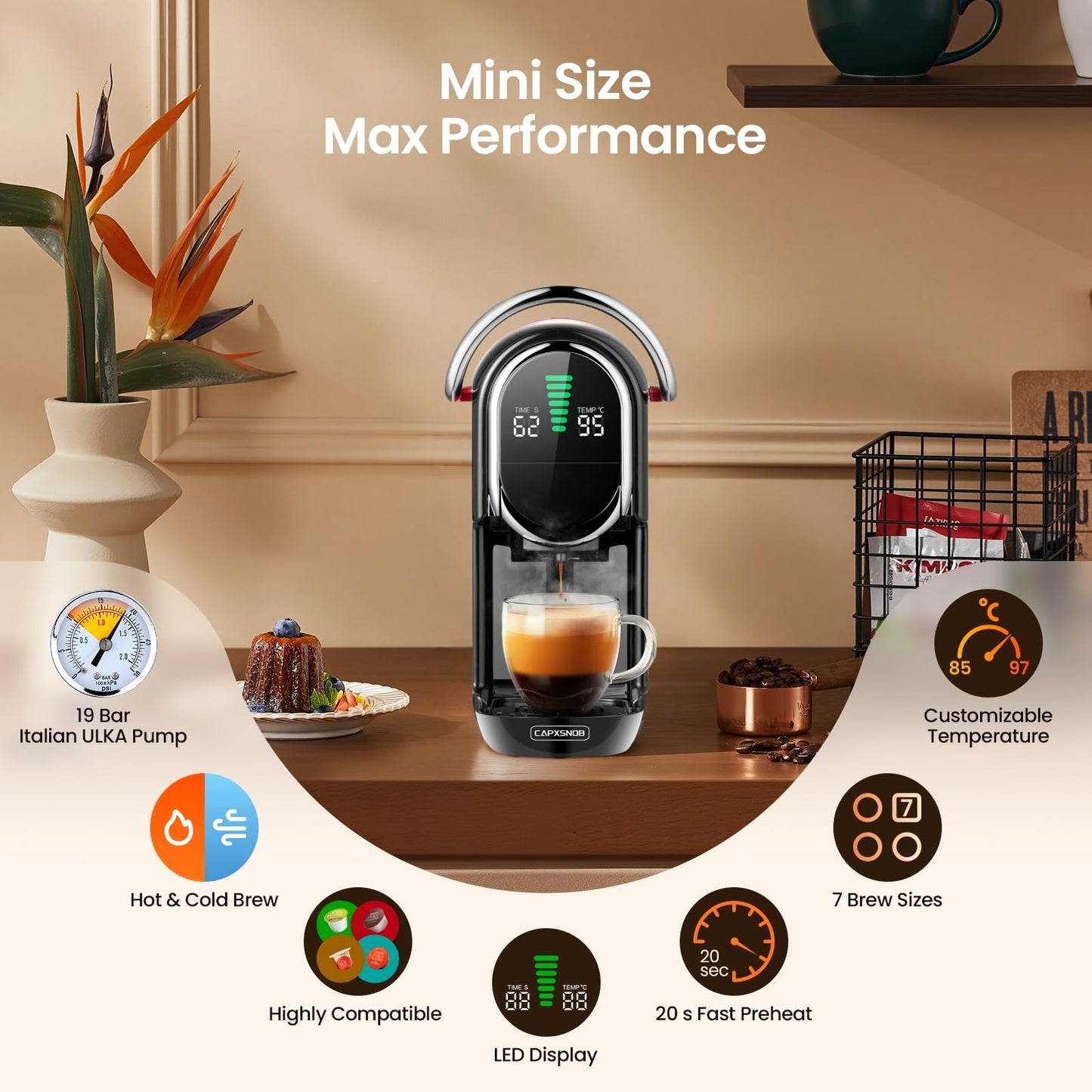 Magician1 Mini Espresso Machine for Nespresso Original, Dolce Gusto, Lavazza Blue, ESE Pods, 19-Bar Coffee Machine for Ground Coffee, Coffee Maker with adjustable Temp & Cup Size, 21oz Reservoir