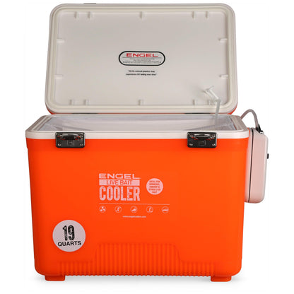 Engel 19qt Live Bait Cooler Box with 2nd Gen 2-Speed Aerator Pump - Portable Fishing Station & Minnow Bucket for Shrimp & Other Live Fish with Aerator - ENGLBC19-N-OHV in Orange High-Visibility