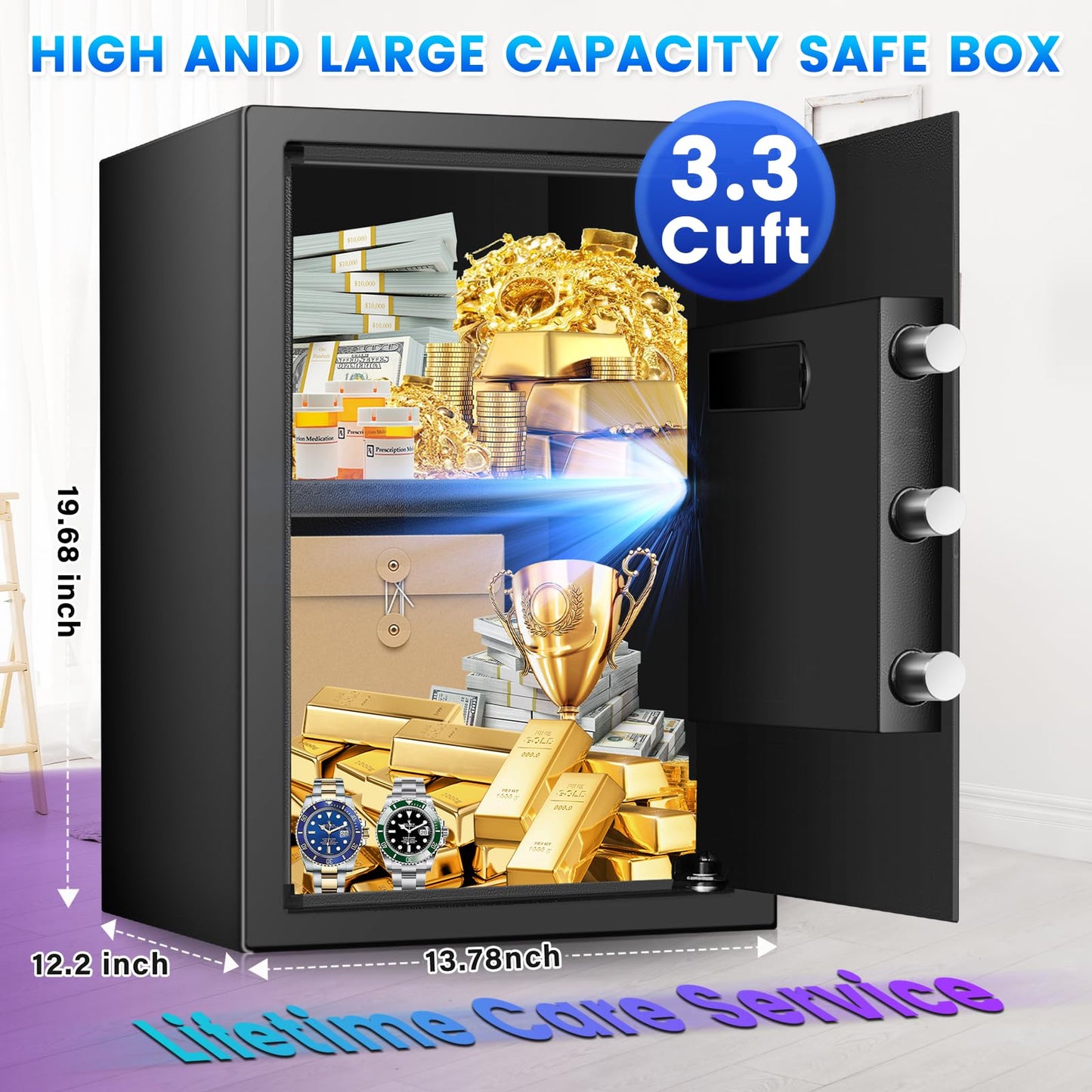 Large Home Safe 3.3 Cuft, Digital Security Safe Box with Smart Alarm System, Wall & Floor Mount Anti-Theft Safe, Removable Shelf & Mute Mode, Safe for Documents, Jewelry, Cash & Valuables