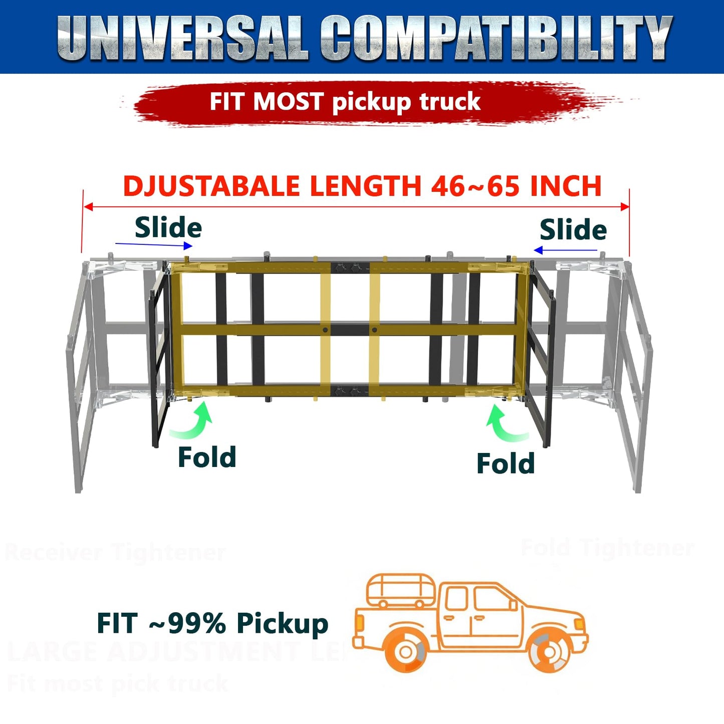 Universal Pickup Truck Bed Extender Rack, 46 to 65" Foldable Adjustable Width for Ford Toyota Nissan Chevy GMC Hyundai Dodge, Heavy-Duty Carbon Steel Square Tube, Expands Cargo Space, Drill Needed