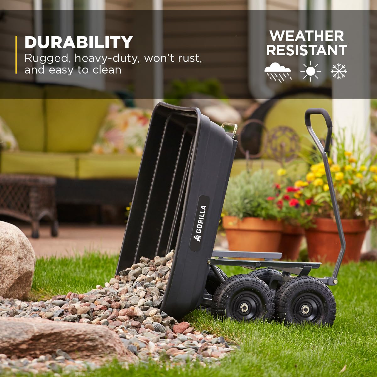 Gorilla Carts Poly Garden Dump Cart, 4 Cu Ft Tub, 600 lb Haul Capacity, Black – Heavy-Duty Utility Wagon with Quick-Release Dumping & Pneumatic Tires for Yard, Landscaping and Gardening