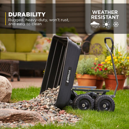 Gorilla Carts Poly Garden Dump Cart, 4 Cu Ft Tub, 600 lb Haul Capacity, Black – Heavy-Duty Utility Wagon with Quick-Release Dumping & Pneumatic Tires for Yard, Landscaping and Gardening