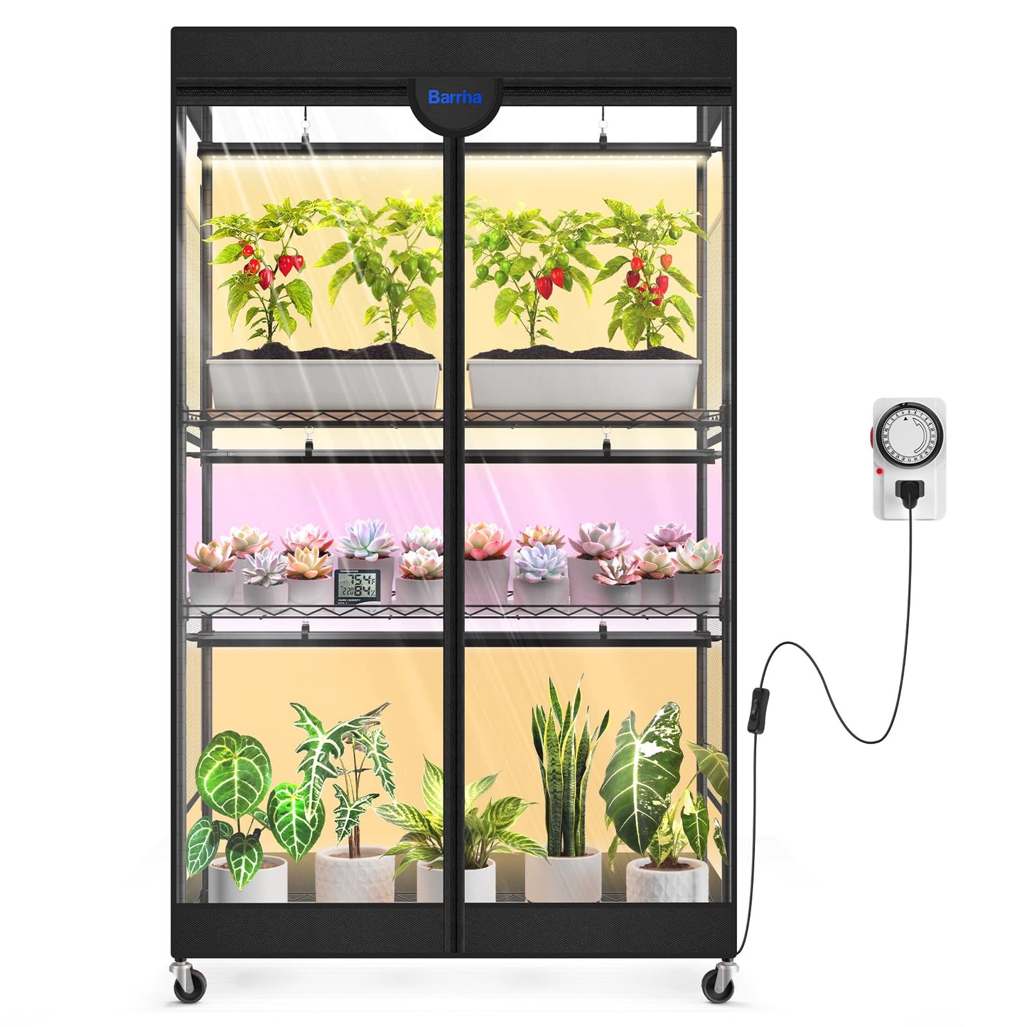Barrina LP900 Mini Greenhouse with Grow Lights, 4-Tier Plant Stand with 135W TX-S45 3FT 3 Adjustable Full Spectrum Lights , Plant Shelf with Tent Timer & Thermometer for Seed 35.4 x 13.8 x 59.1IN