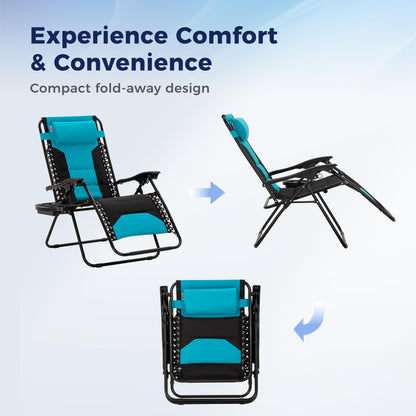 MAISON ARTS Oversized Zero Gravity Chairs Set of 2, Folding Padded Recliner Anti Gravity Lounge Chair with 28" Wide Seat and Cup Holder, Support 400lbs, Aqua