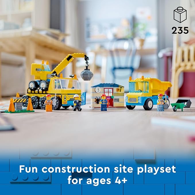 LEGO City Construction Trucks and Wrecking Ball Crane 60391 Building Toy Set for Toddler Kids Ages 4+ Includes 3 Construction Vehicles an Abandoned House and 3 Minifigures for Pretend Play