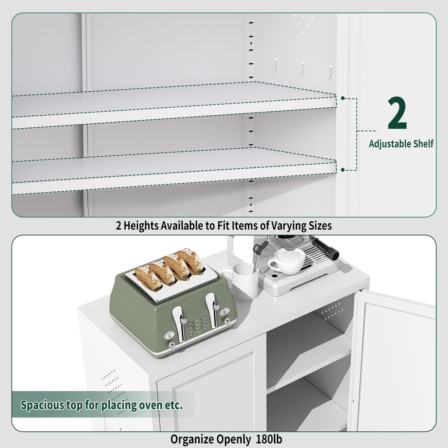 Yukimo Kitchen Pantry Cabinet, 34.5" Pantry Storage Cabinet with 2 Tier Adjustable Shelves and 2 Doors, Metal Pantry Cabinets with Handle for Living Room Kitchen Assembly Required, White