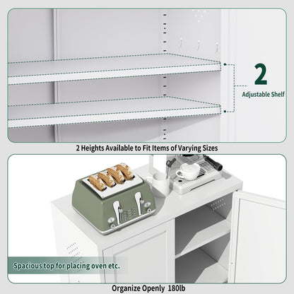 Yukimo Kitchen Pantry Cabinet, 34.5" Pantry Storage Cabinet with 2 Tier Adjustable Shelves and 2 Doors, Metal Pantry Cabinets with Handle for Living Room Kitchen Assembly Required, White