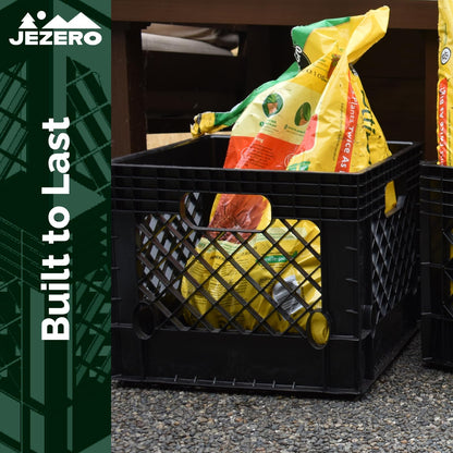 JEZERO 16 Quart 5-Pack Heavy Duty Plastic Crate | Stackable Multi-Purpose Storage Bin for Garage, Home, Office, Groceries, Outdoor, Camping & Kayaking | Black Utility Tote, 13" x 13" x 11"