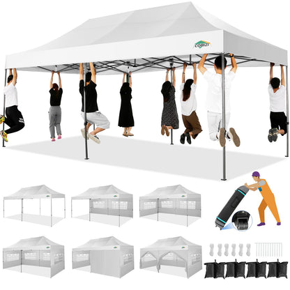 COBIZI 10x20 Heavy Duty Pop up Canopy Tent with 6 sidewalls Easy Up Commercial Outdoor Wedding Party Tents for Parties All Season Wind & Waterproof Gazebo Roller Bag, White(Frame Thickened)