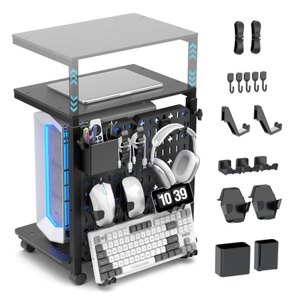 Computer Tower Stand with Pegboard Organizer, Height Adjustable 2-Tier PC Tower Shelf for Floor with Accessories, CPU Holder Cart with Locking Wheels for Most PC Gaming Home Office, 24.2-29.5"