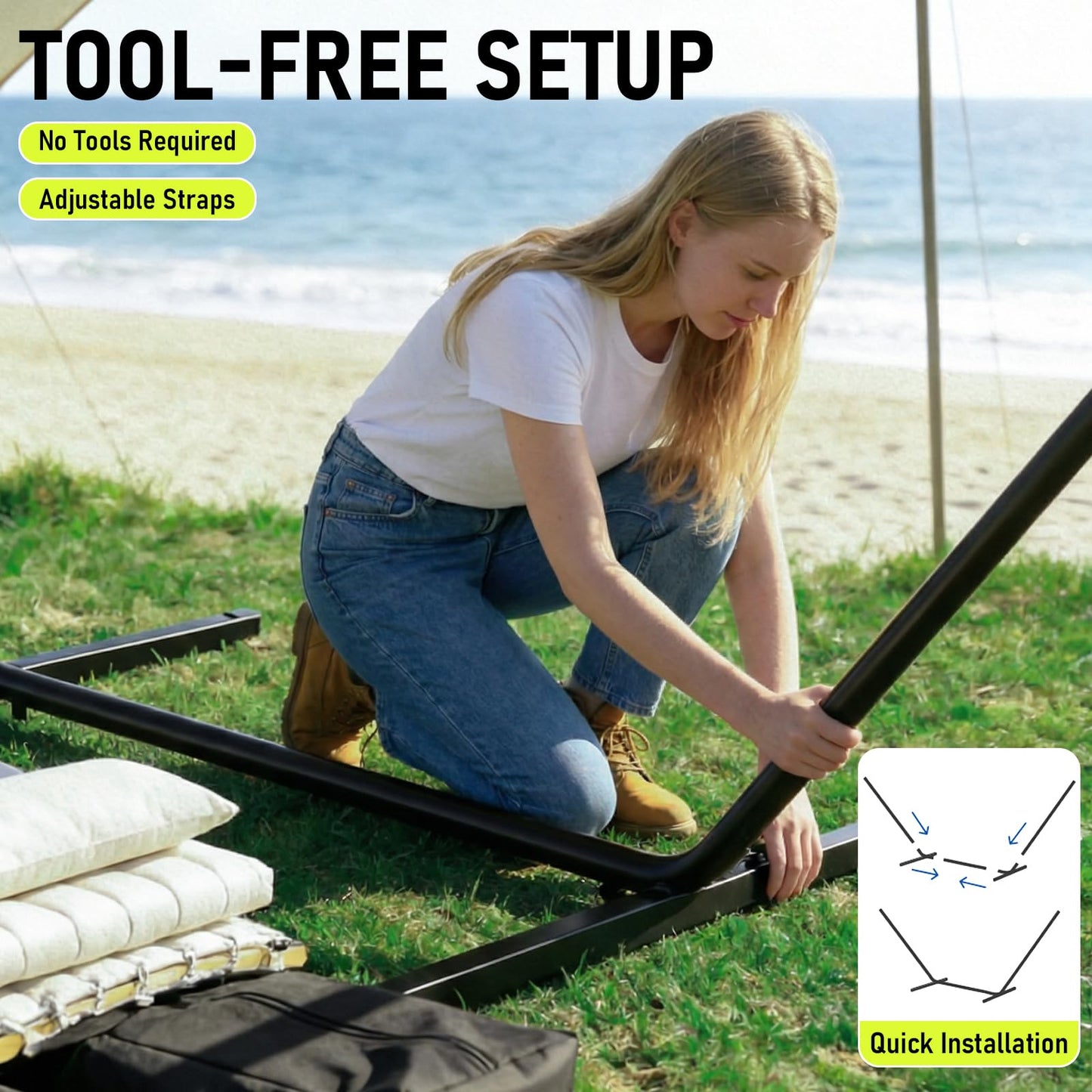 FULIYE Double Hammock with Stand for Outdoor，2 Person Heavy Duty Portable Hammock with Adjustable Steel Stand and Balance Ropes Included – for Patio, Backyard, Garden, Beach((Beige)