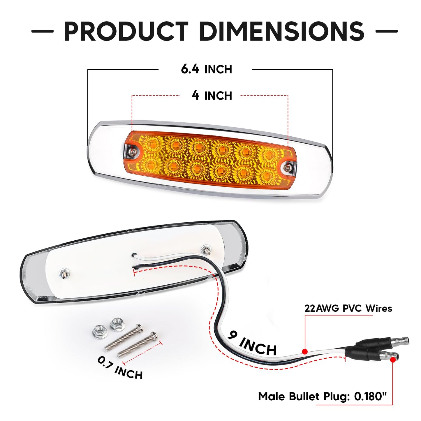 Ledvillage 50 Pack Amber LED Side Marker Lights with 2-Wire Plug 12LED Waterproof Clearance Fender Lamp for Trailer Truck RV SUV Surface Mount with Screws 12V DC